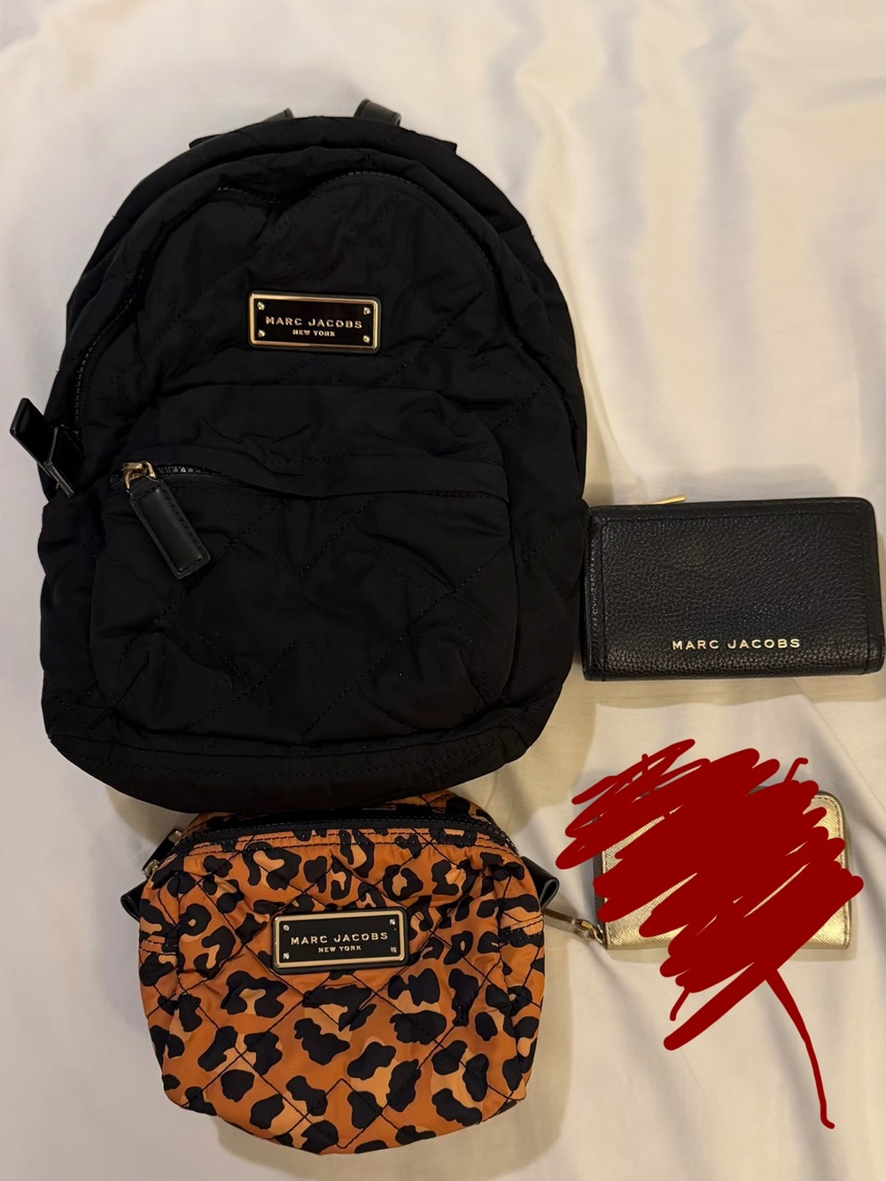 Marc Jacobs Black Quilted Mini backpack, cosmetic bag and wallet lot